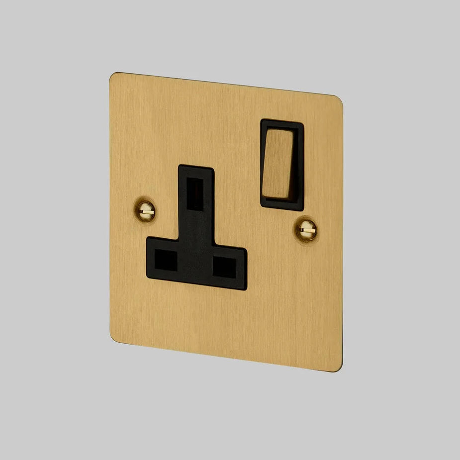 One Gang 13 Amp Switched Plug Socket In Solid Brass
