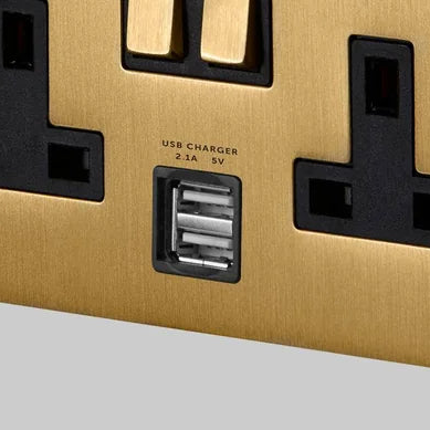 Two Gang 13 Amp Switched Plug Socket with USB In Solid Brass