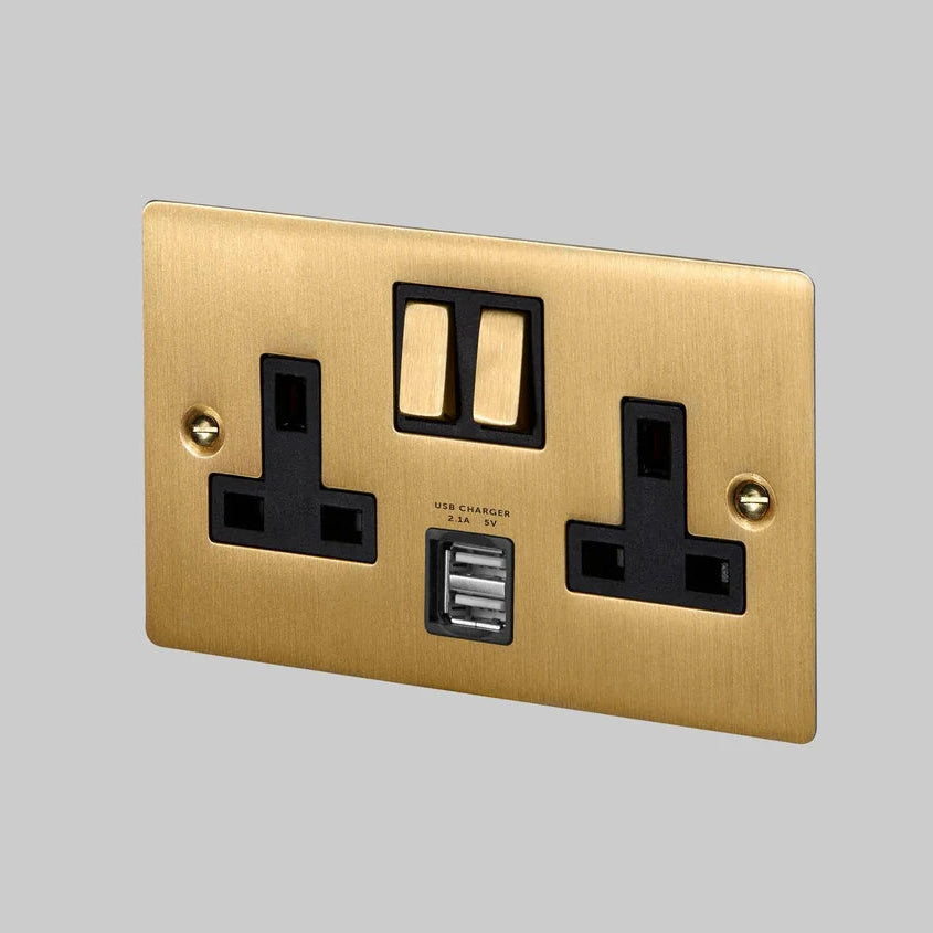 Two Gang 13 Amp Switched Plug Socket with USB In Solid Brass