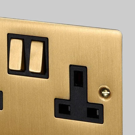 Two Gang 13 Amp Switched Plug Socket In Solid Brass