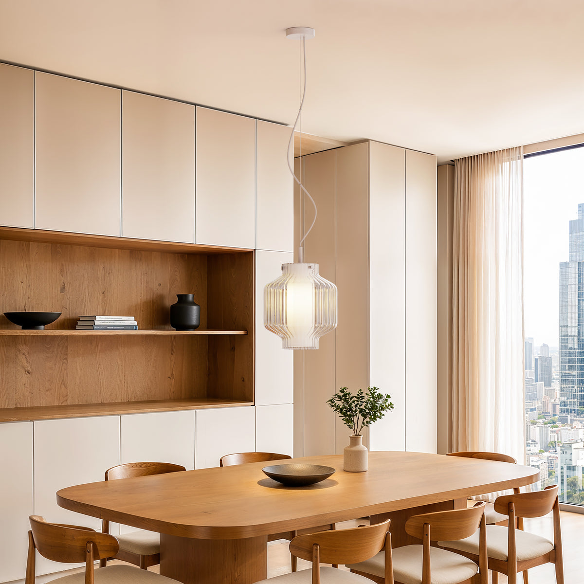 Toro Pendant in Matt White with Ribbed Clear Glass Shade