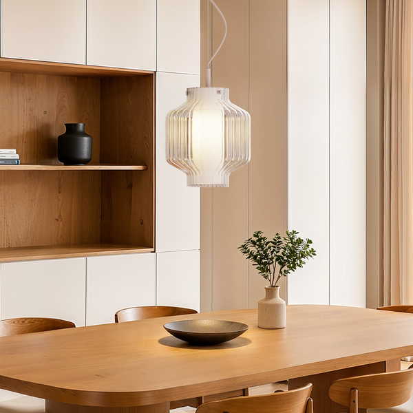 Toro Pendant in Matt White with Ribbed Clear Glass Shade