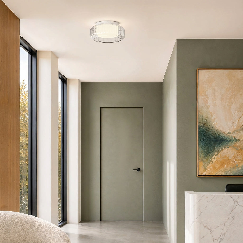 Toro 385 IP44 Ceiling Light in Matt White with Clear Ribbed Glass Shade