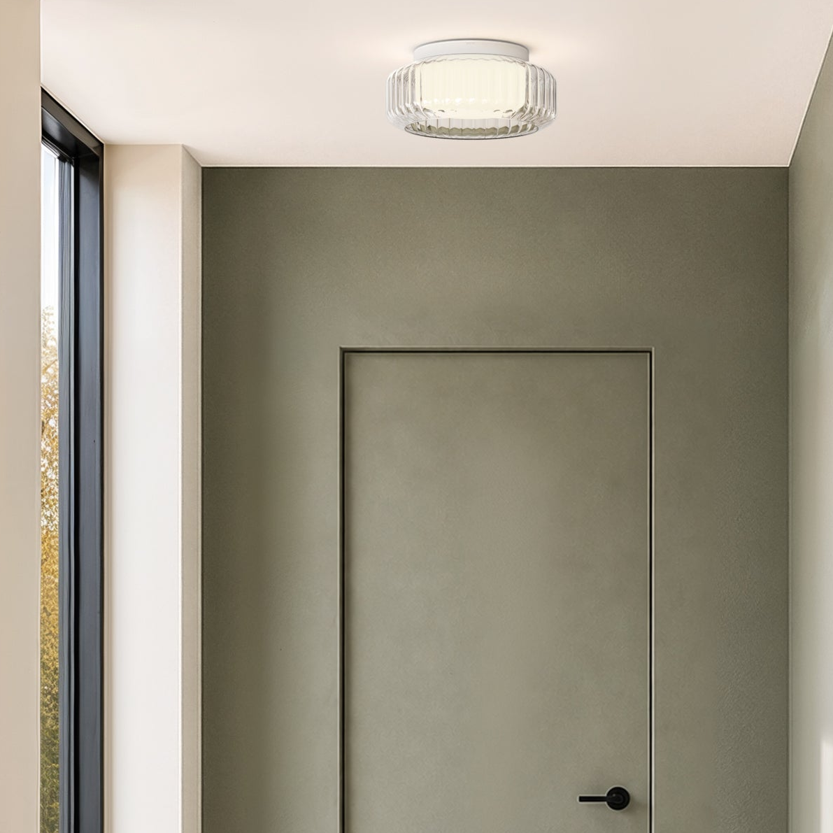 Toro 385 IP44 Ceiling Light in Matt White with Clear Ribbed Glass Shade