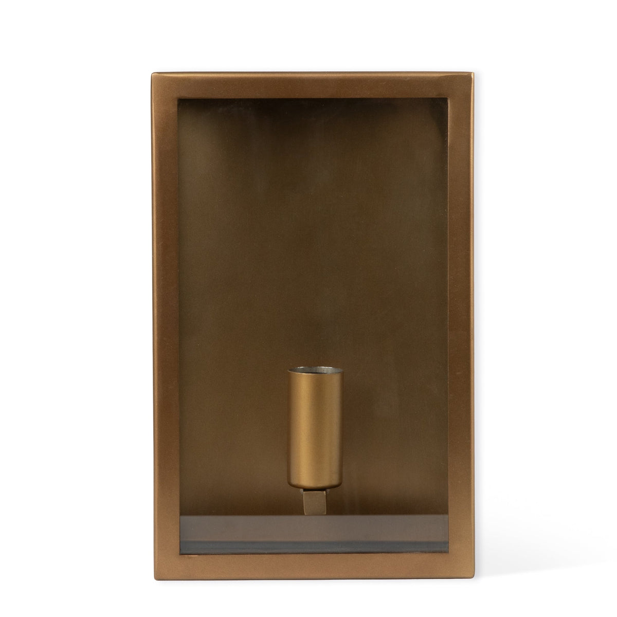 Front view of the Sandford Outdoor Single Box Lantern in antique brass