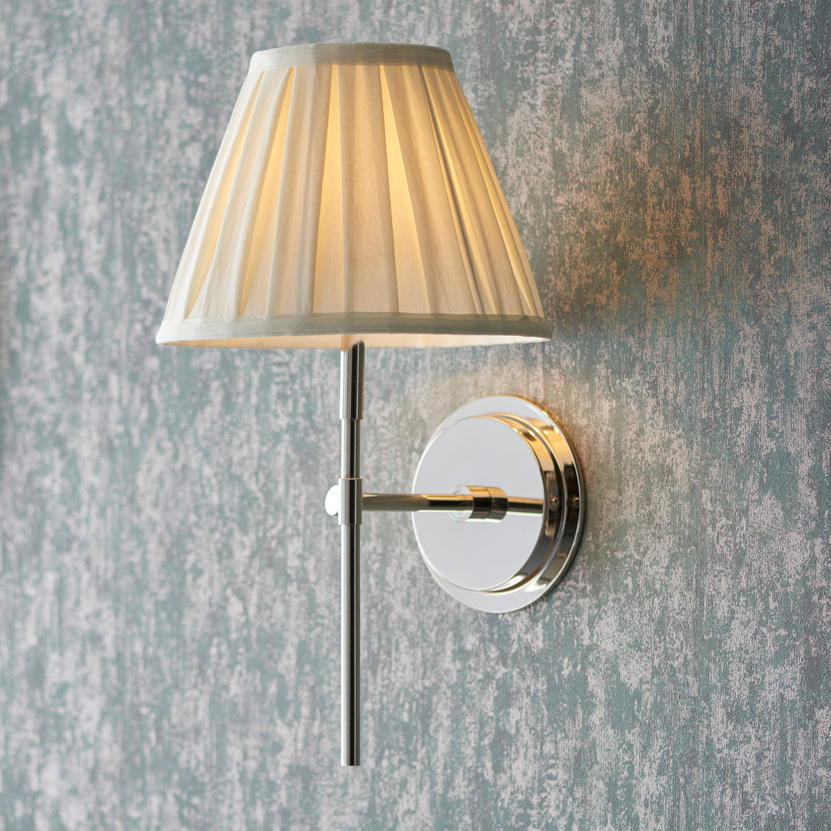 Rennes Single Wall Light in Bright Nickel with Pleated Cream 26cm Carla Shade