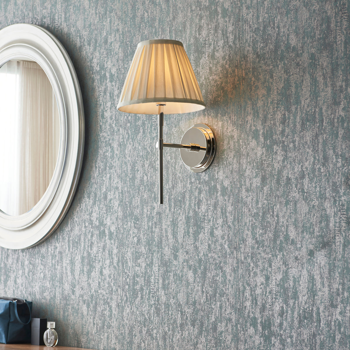 Rennes Single Wall Light in Bright Nickel with Pleated Cream 26cm Carla Shade