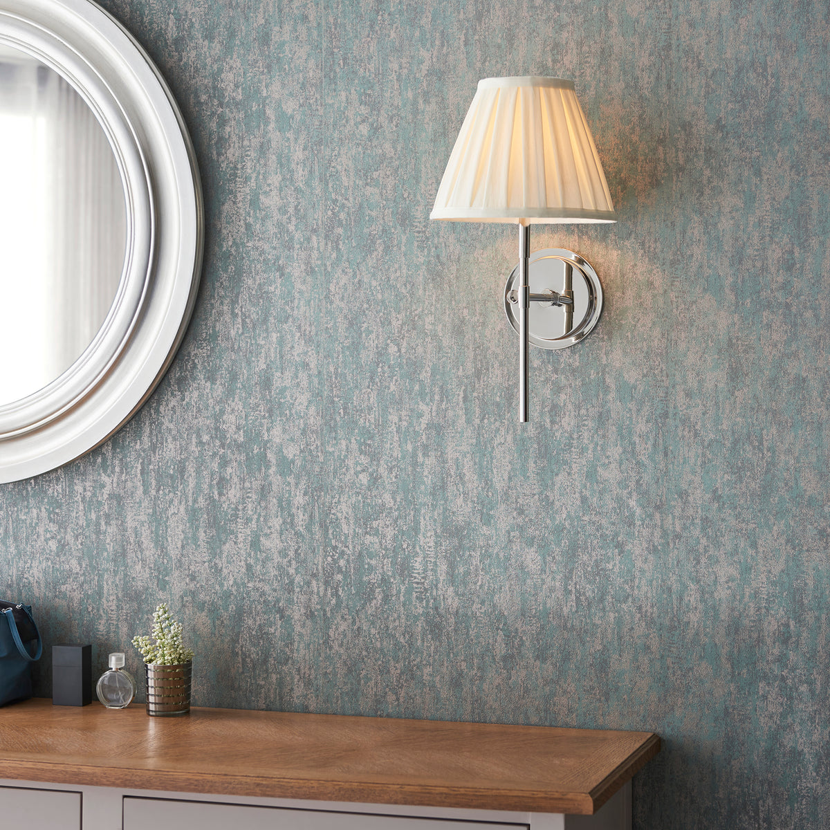 Rennes Single Wall Light in Bright Nickel with Pleated Cream 26cm Carla Shade