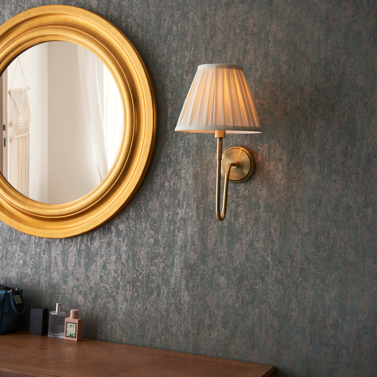 Rouen Single Wall Light in Antique Brass with Pleated Cream 26cm Carla Shade
