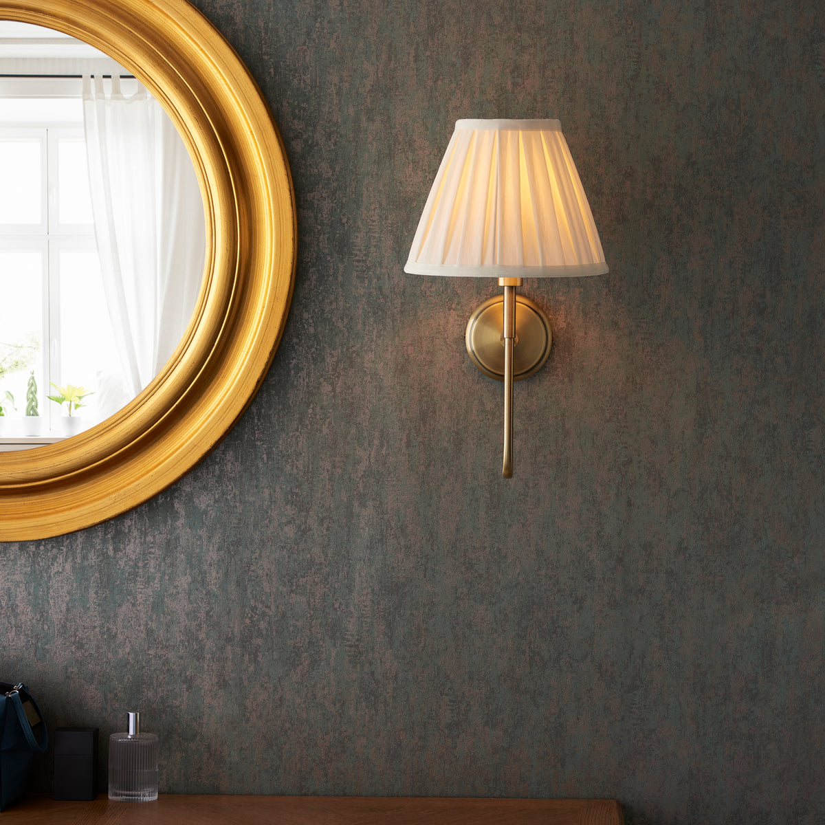 Rouen Single Wall Light in Antique Brass with Pleated Cream 26cm Carla Shade