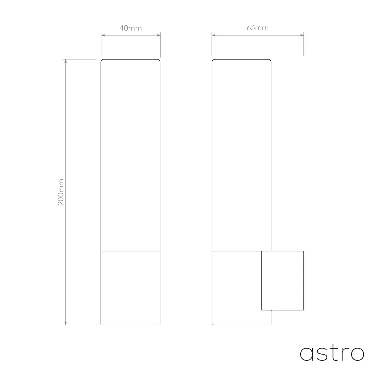 Technical drawing of a rectangular wall light with dimensions 200mm height, 40mm width, 63mm depth