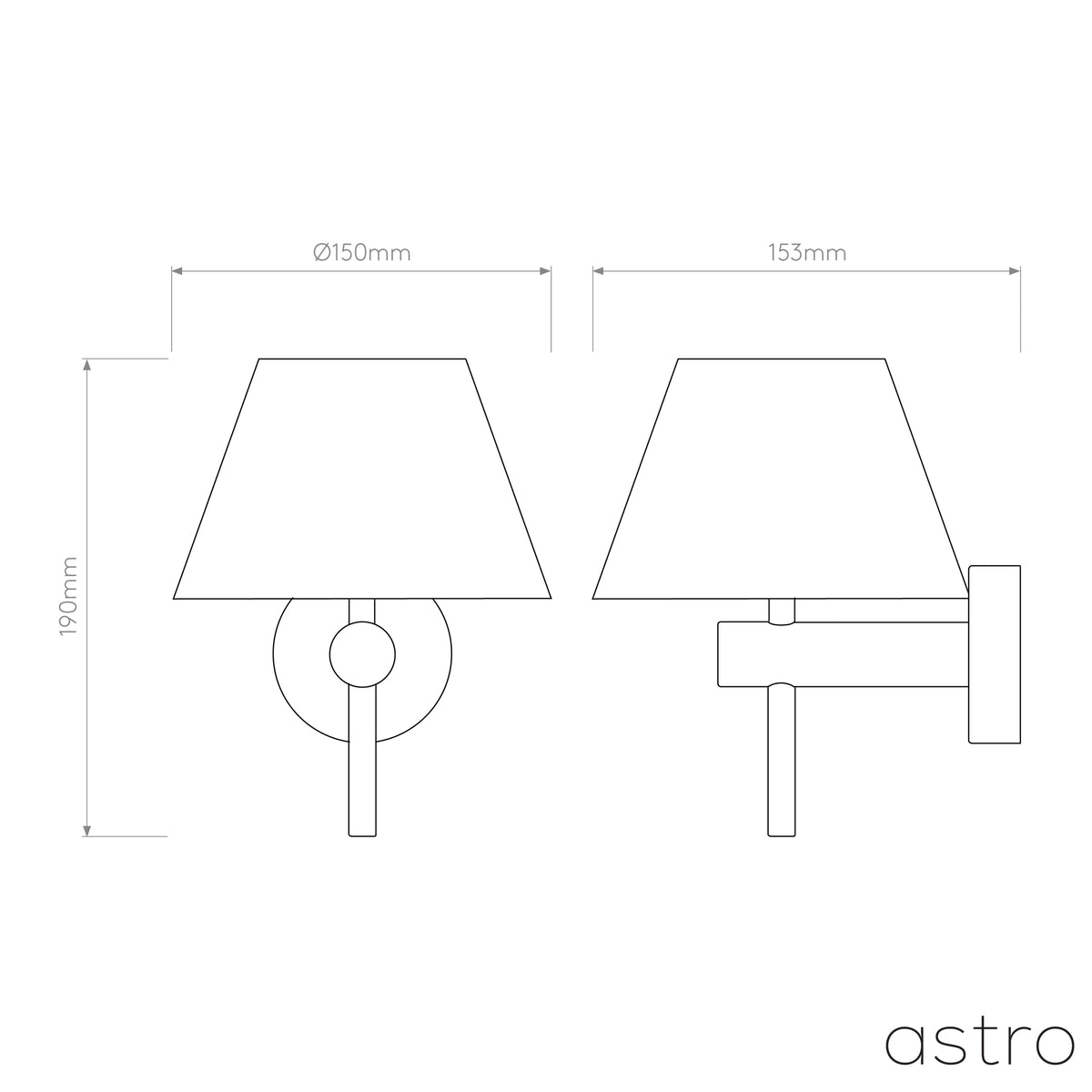 Technical drawing of a wall light with a conical shade, showing front and side views with dimensions