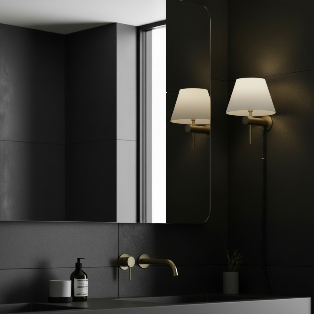 Bathroom with black tiles, gold faucet, mirror, and two wall-mounted lamps with white shades