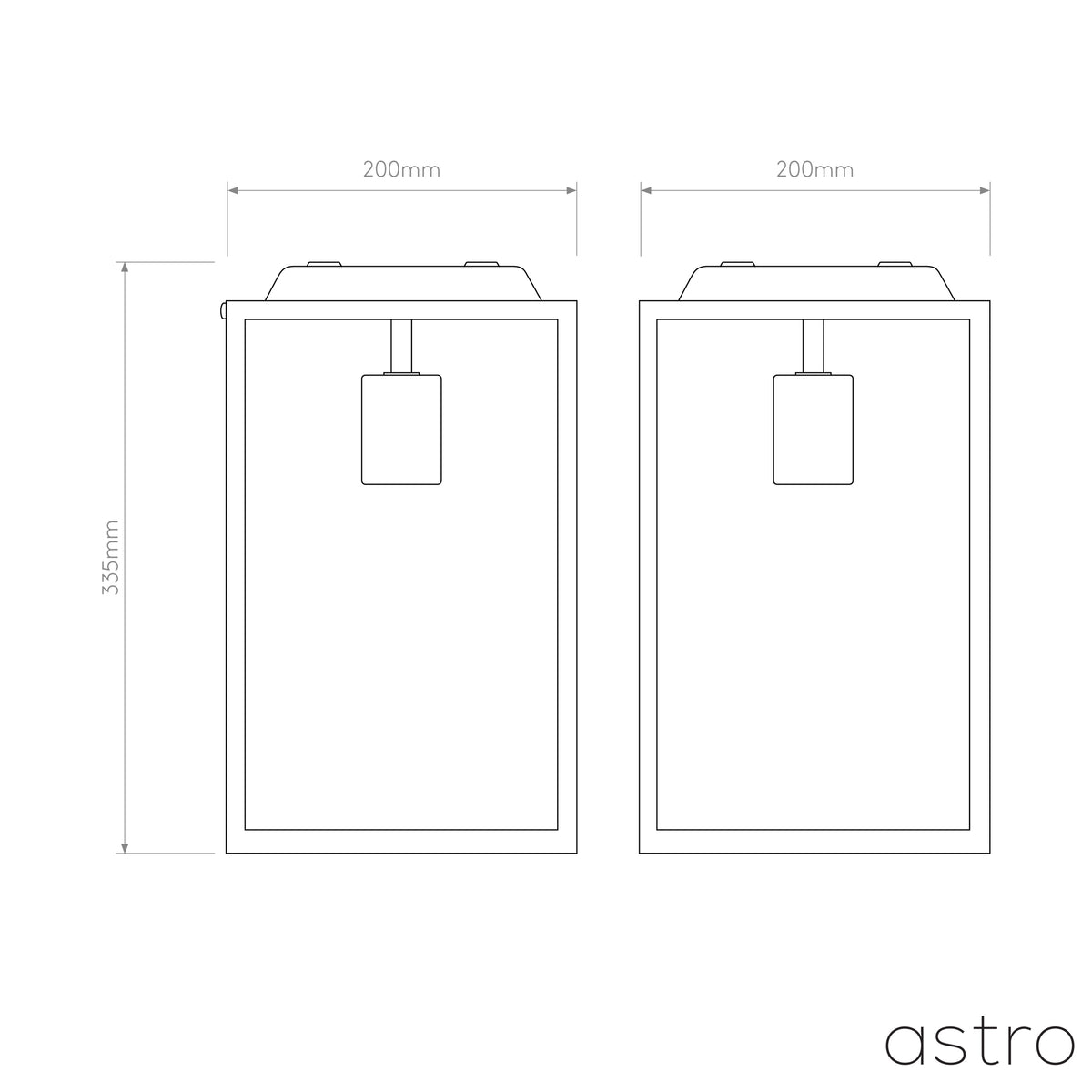 Technical drawing of two rectangular outdoor wall lights with dimensions 200mm width and 335mm height