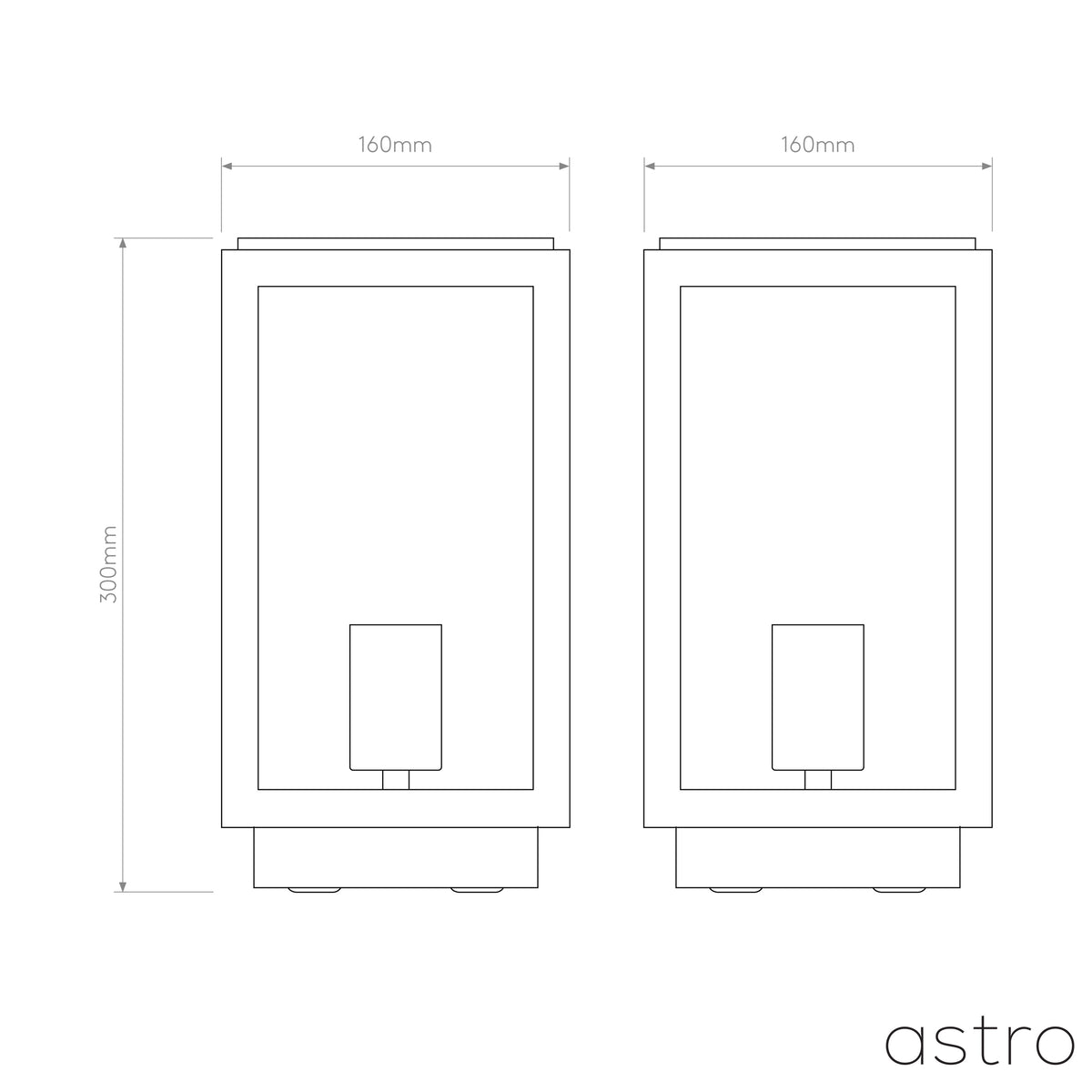 Technical drawing of two rectangular outdoor wall lights with dimensions 300mm height and 160mm width