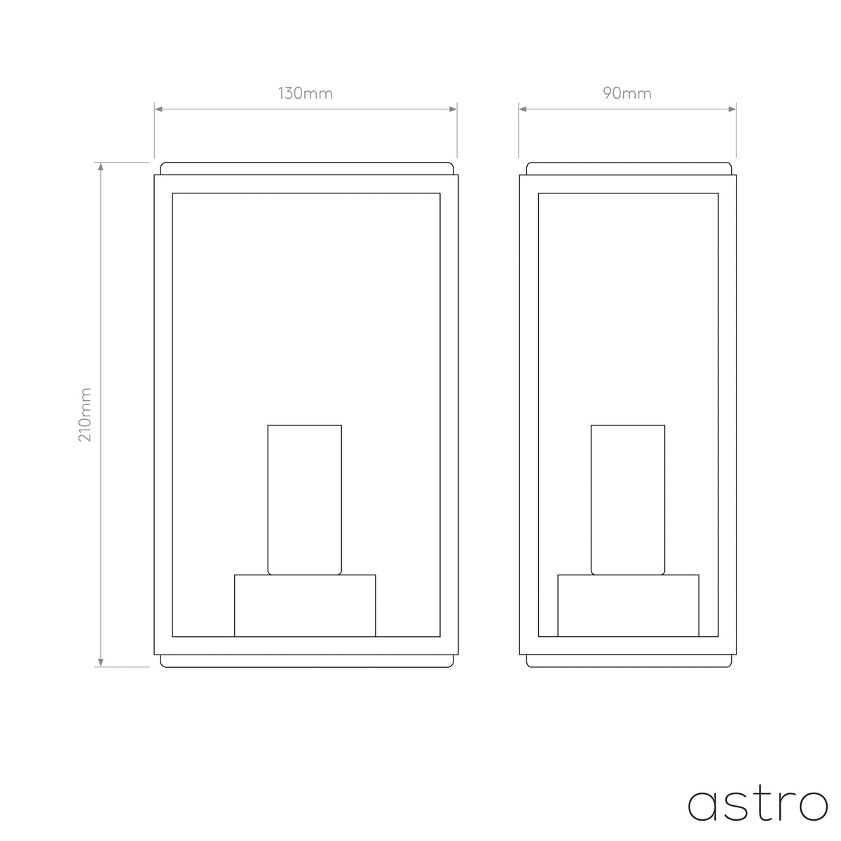 Technical drawing of a rectangular wall light, 210mm high, 130mm wide, and 90mm deep