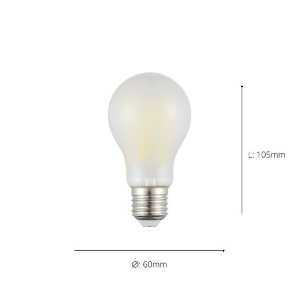 Frosted LED light bulb with an E27 screw base and dimensions of 105mm length and 60mm diameter