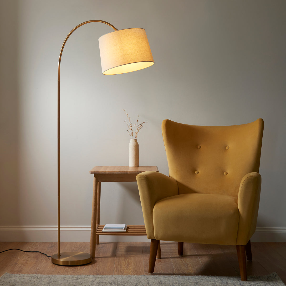 Carlson Floor Lamp in Warm Brass with Natural Fabric Shade