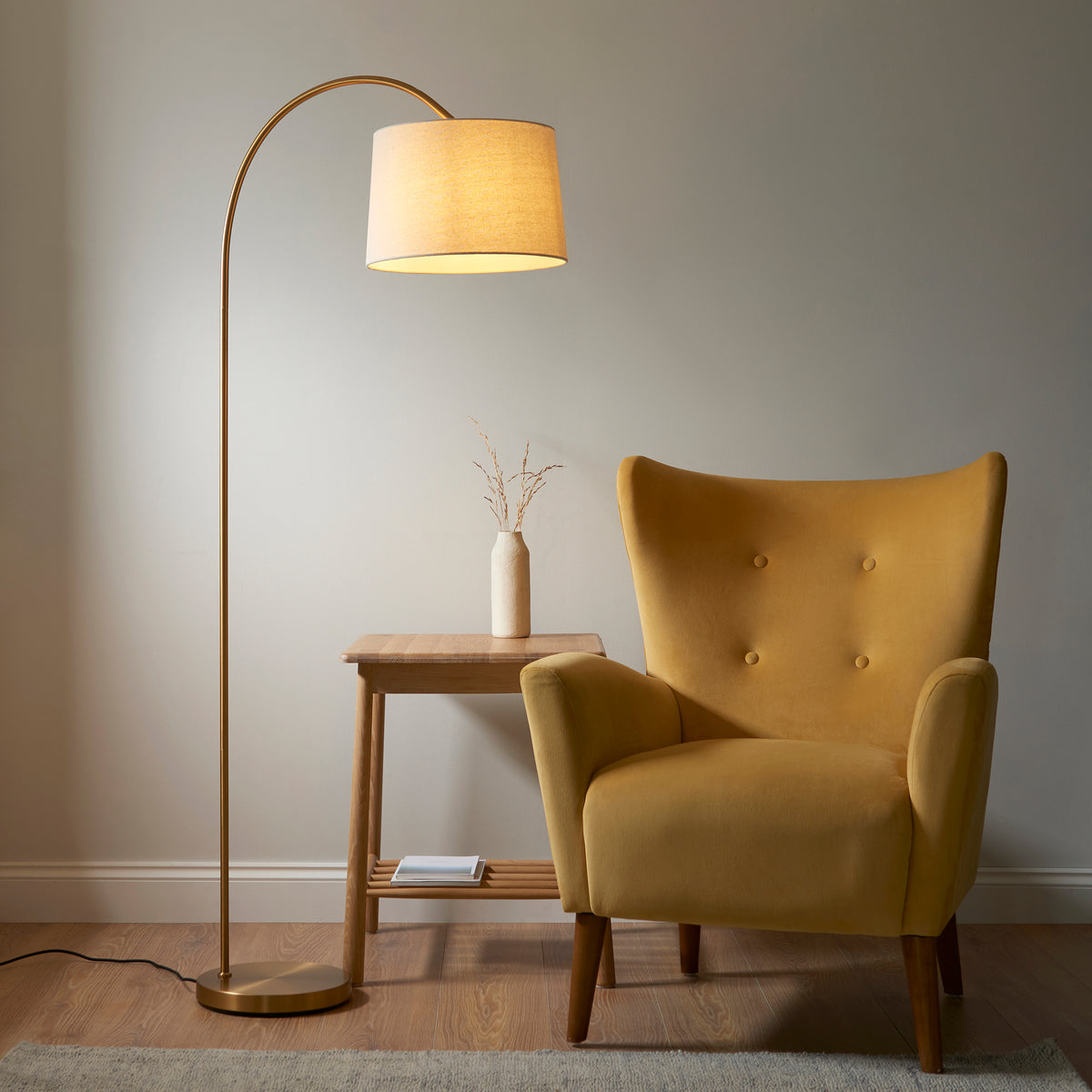 Carlson Floor Lamp in Warm Brass with Natural Fabric Shade