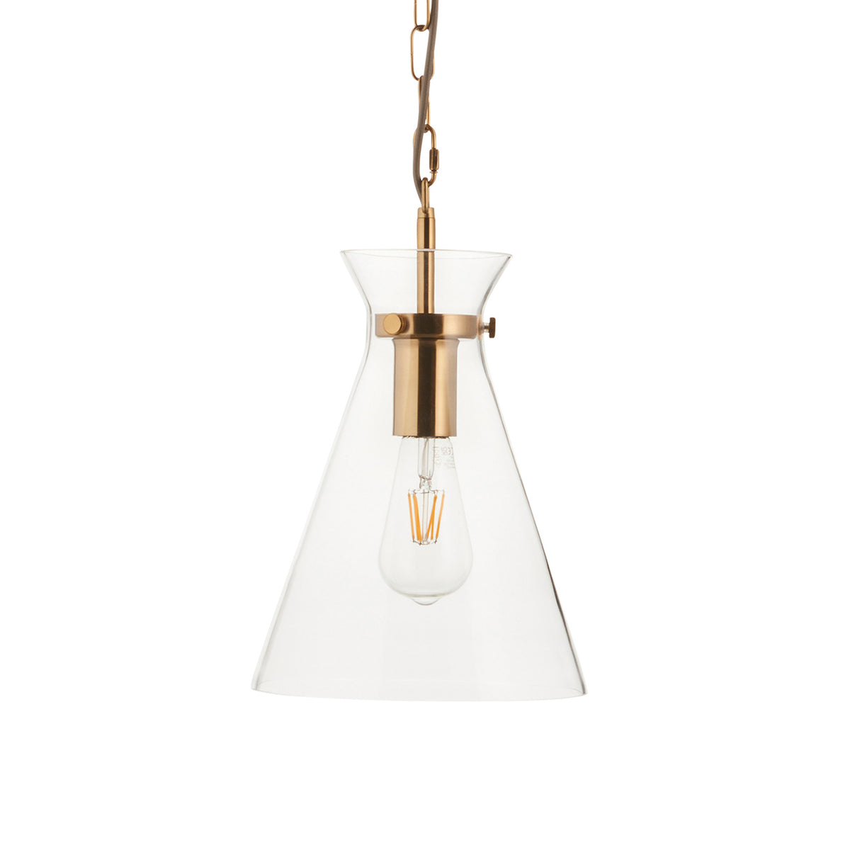 Clear glass pendant light with a brass chain and fixture, holding an exposed filament bulb.