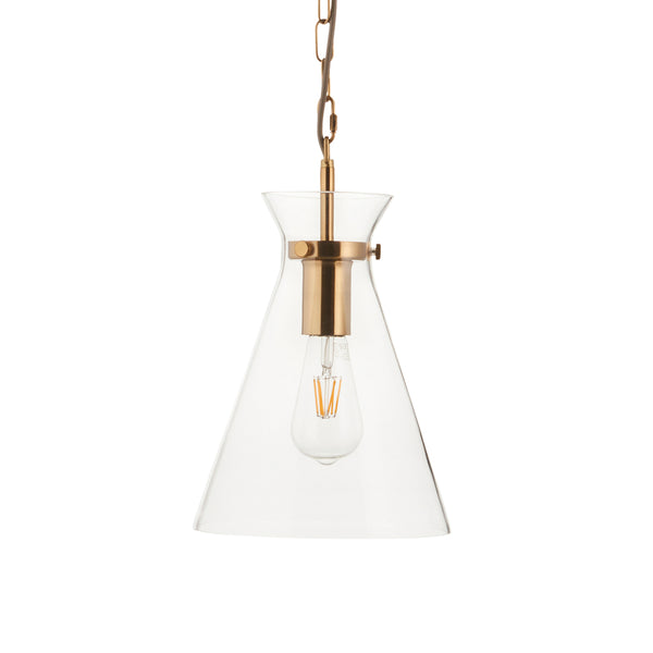 Clear glass pendant light with a brass chain and fixture, holding an exposed filament bulb.