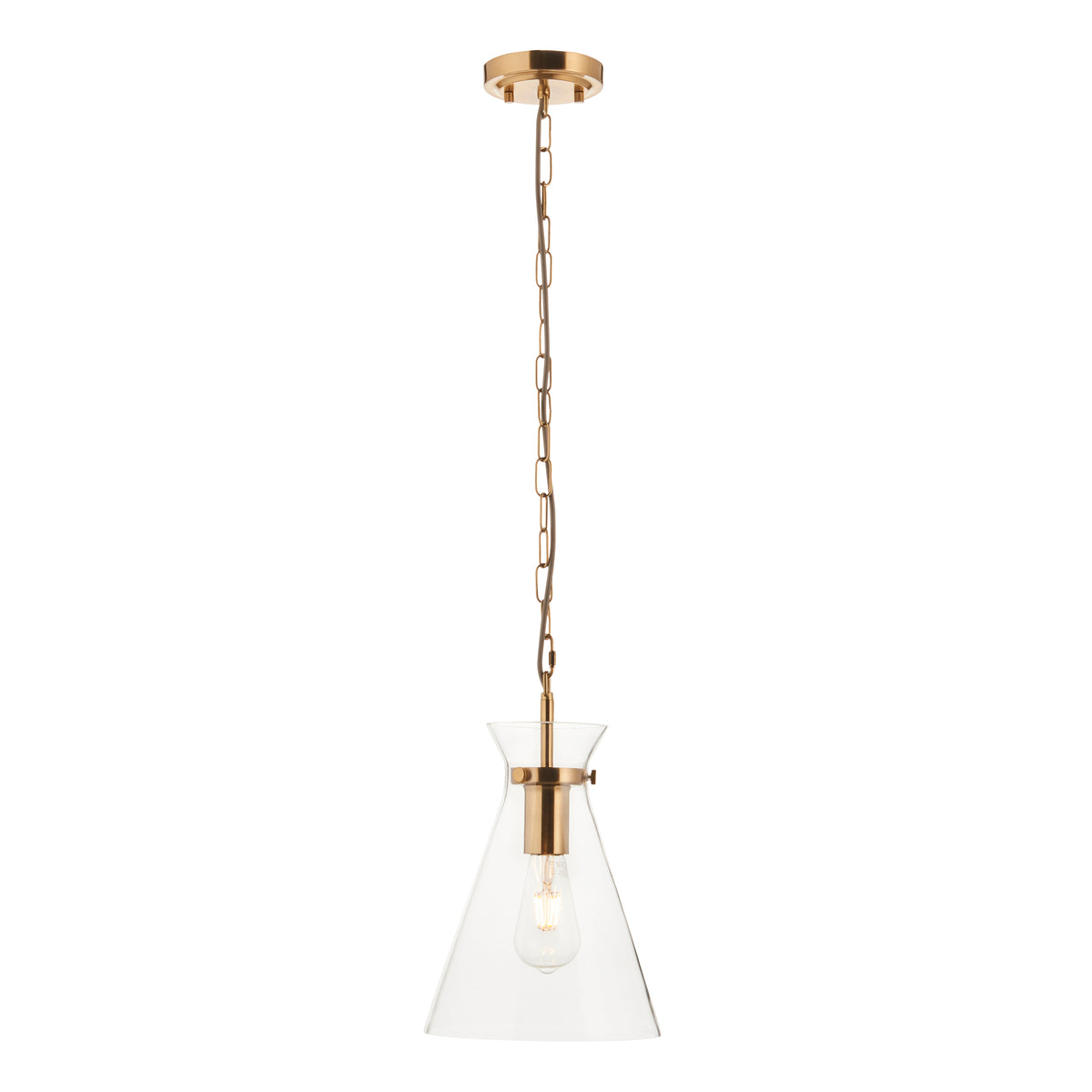 A modern pendant light with a clear glass cone shade and a brass chain and fixture, on a white background.