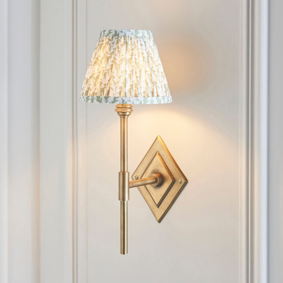 Diamond Tall Wall Light in Brass with Herb Garden Green 16cm Leaf Shade