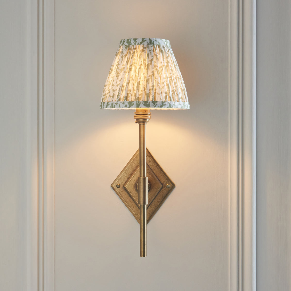 Diamond Tall Wall Light in Brass with Herb Garden Green 16cm Leaf Shade