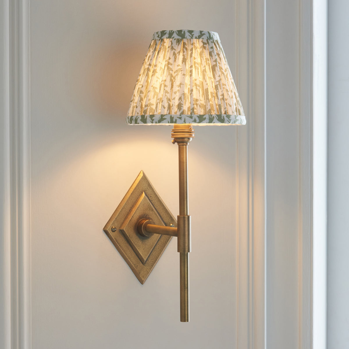 Diamond Tall Wall Light in Brass with Herb Garden Green 16cm Leaf Shade