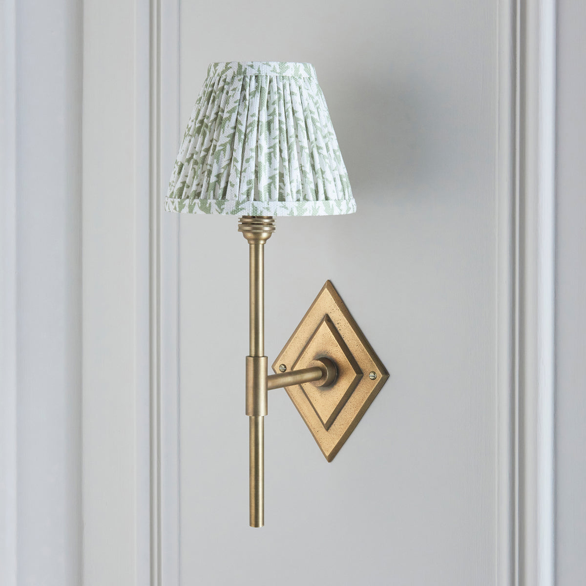 Diamond Tall Wall Light in Brass with Herb Garden Green 16cm Leaf Shade