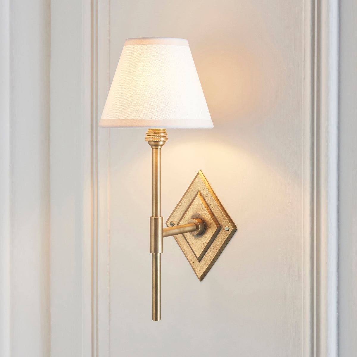Diamond Tall Wall Light in Brass with Vintage & Almond White 16cm Ivy Shade