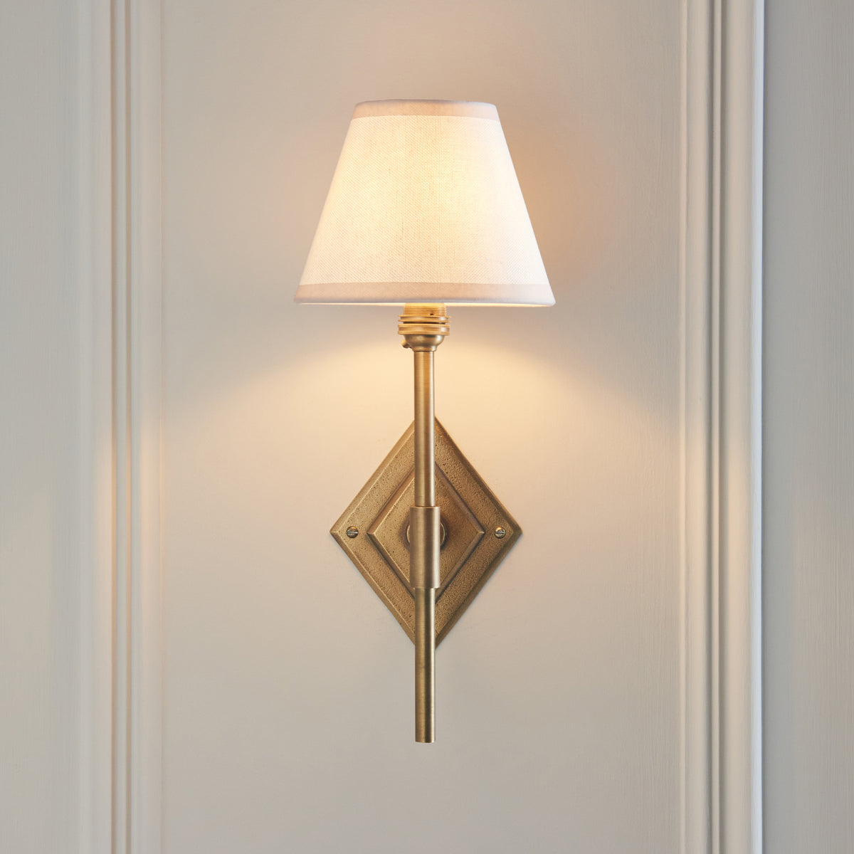 Diamond Tall Wall Light in Brass with Vintage & Almond White 16cm Ivy Shade