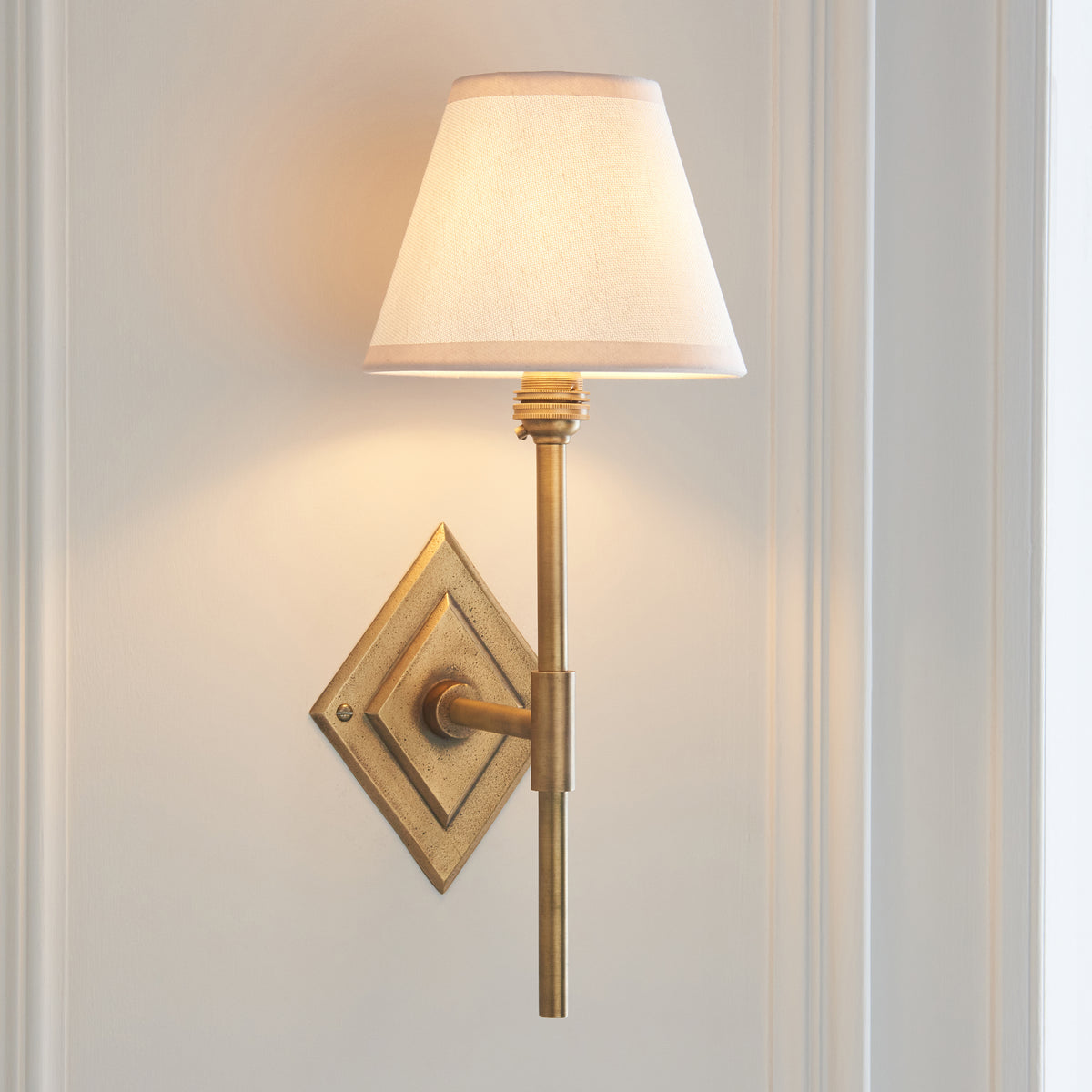 Diamond Tall Wall Light in Brass with Vintage & Almond White 16cm Ivy Shade