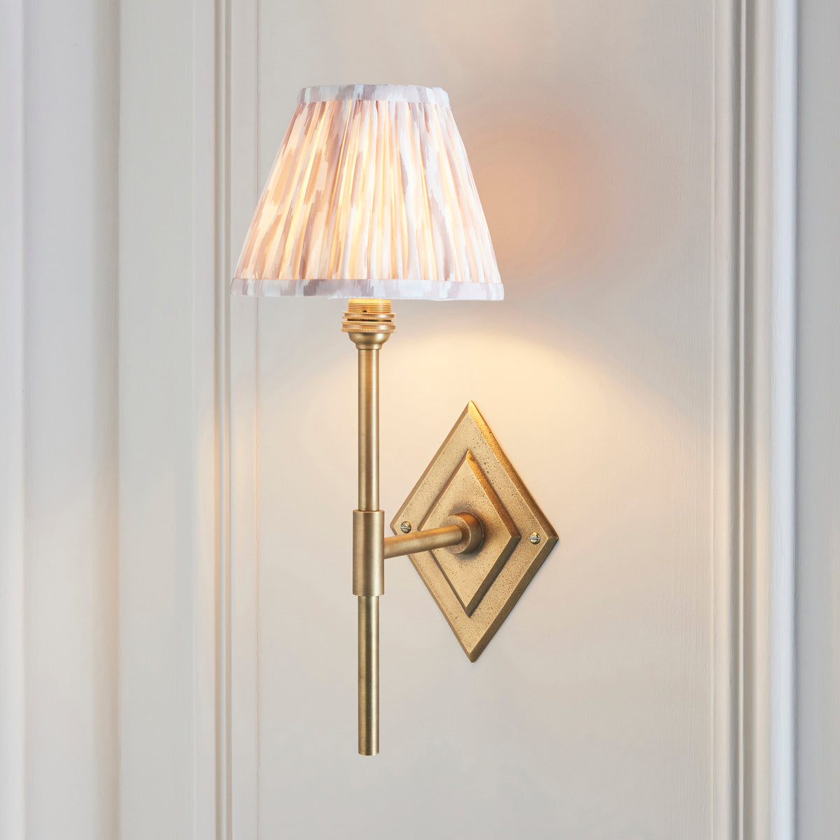 Diamond Tall Wall Light in Brass with Neutral 16cm Ikat Shade