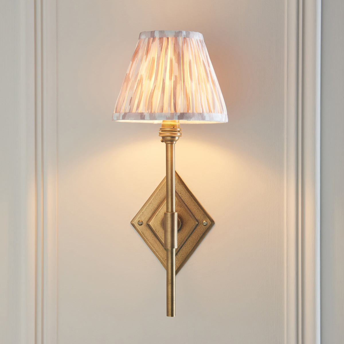 Diamond Tall Wall Light in Brass with Neutral 16cm Ikat Shade