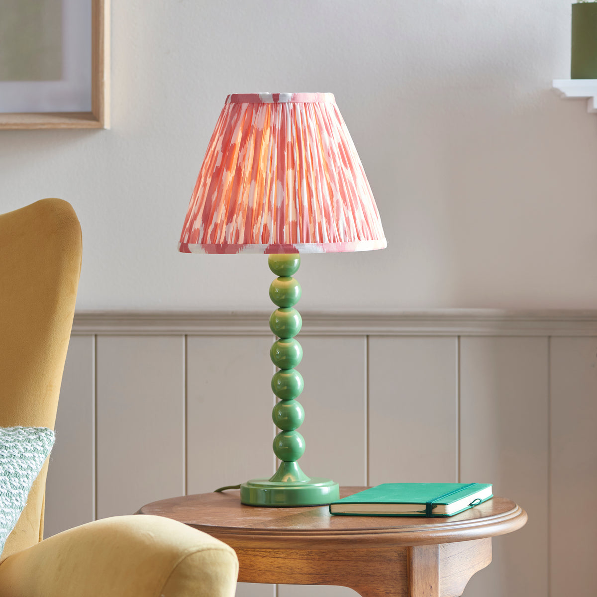 Higgledy Table Lamp in Cotswold Green with Coral Pink 25cm Ikat Shade