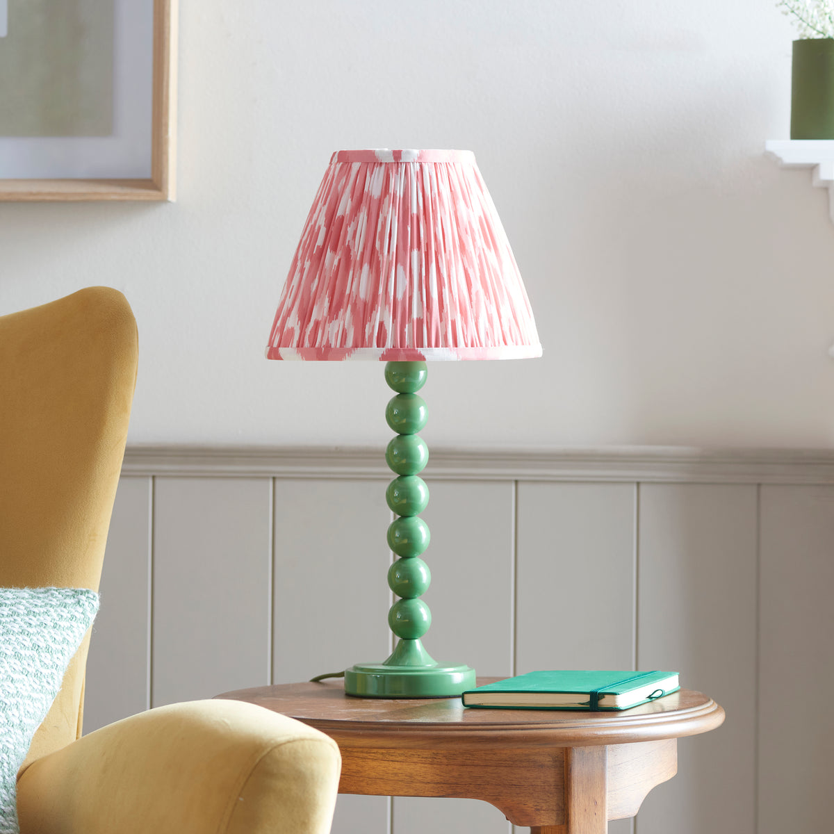 Higgledy Table Lamp in Cotswold Green with Coral Pink 25cm Ikat Shade