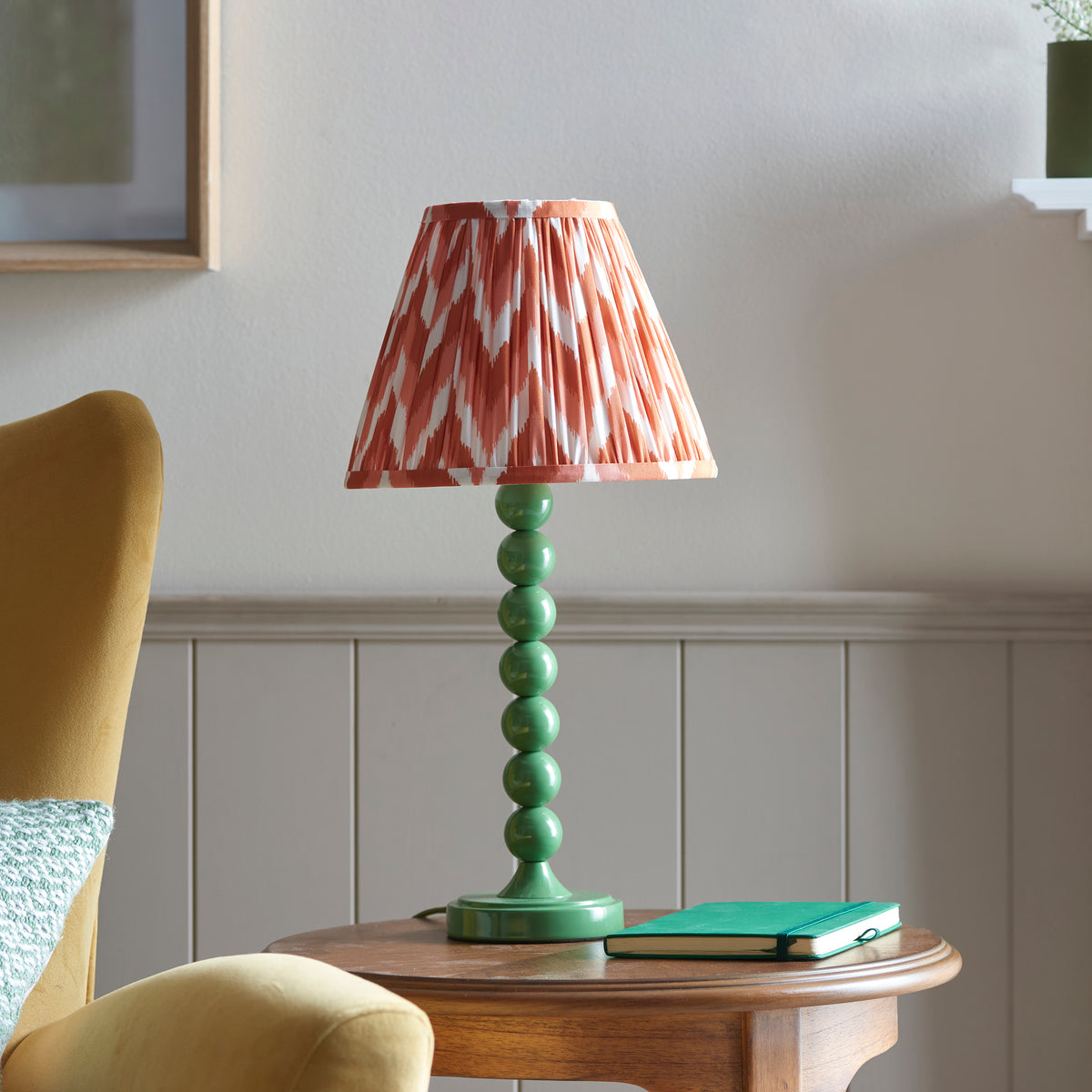 Higgledy Table Lamp in Cotswold Green with Apricot Orange 25cm Zigzag Shade