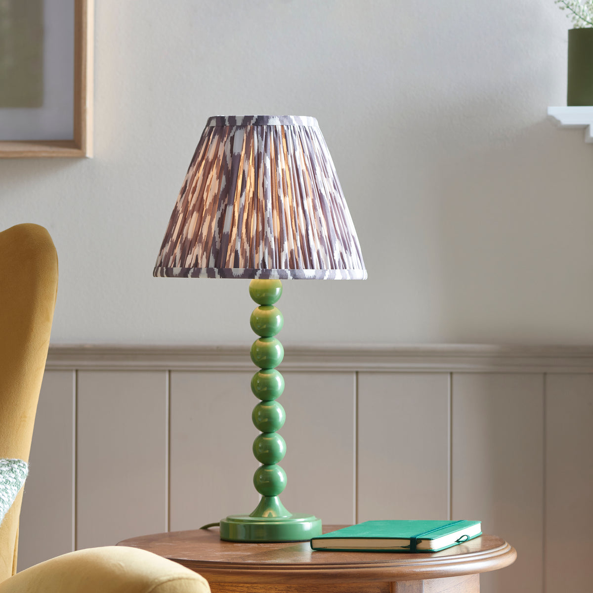 Higgledy Table Lamp in Cotswold Green with Pearl Grey 25cm Ikat Shade