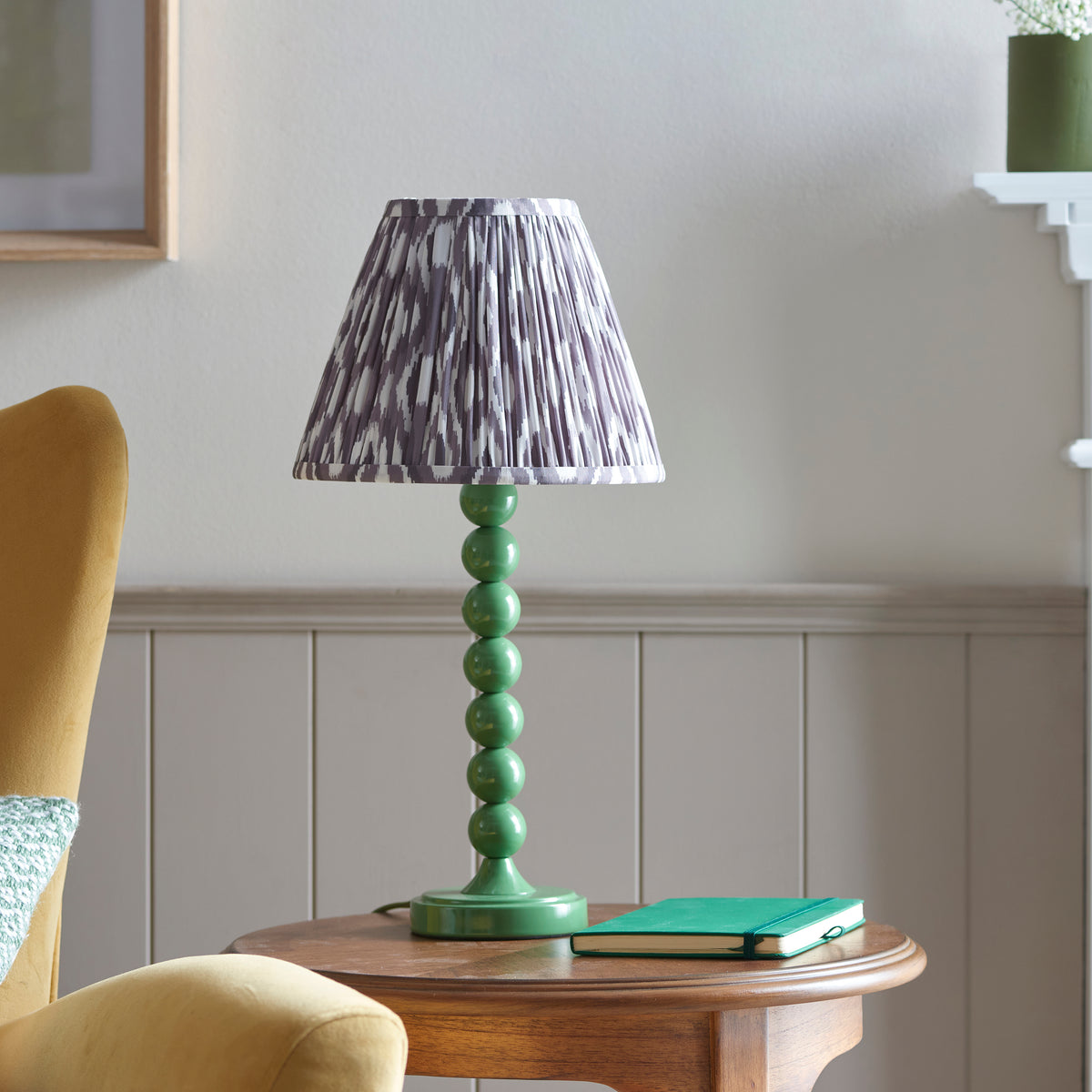 Higgledy Table Lamp in Cotswold Green with Pearl Grey 25cm Ikat Shade
