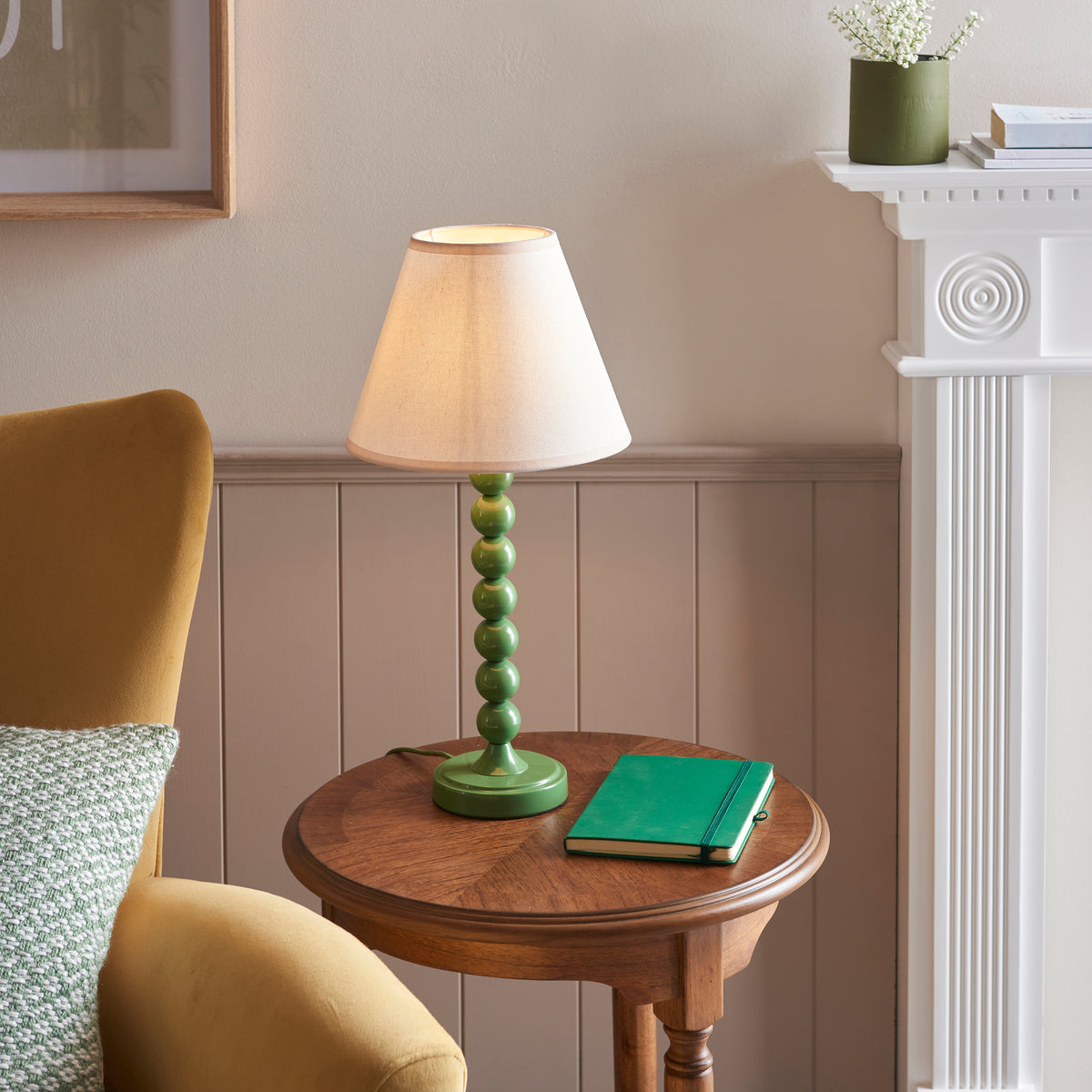 Higgledy Table Lamp in Cotswold Green with Vintage & Almond White 25cm Ivy Shade