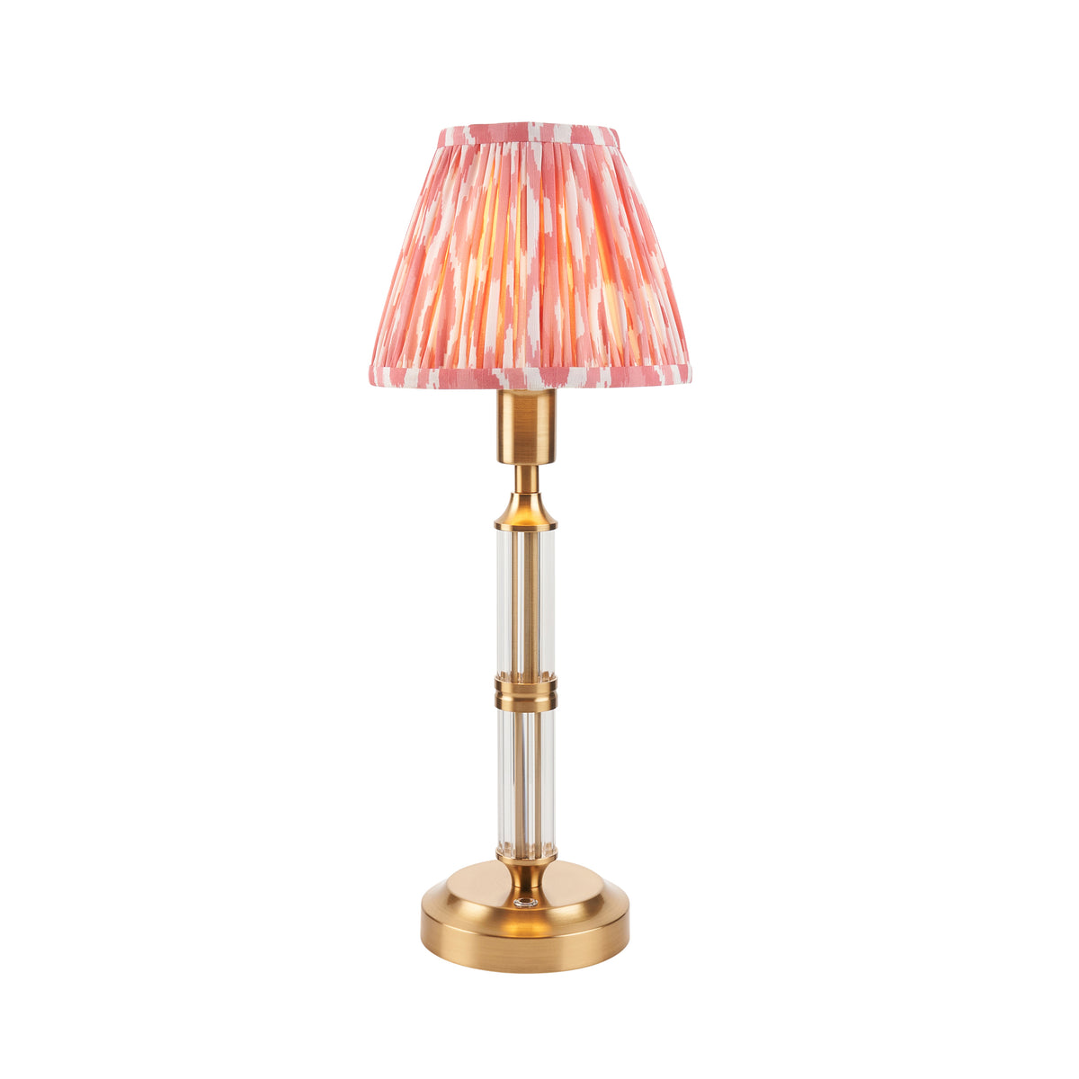 Morton Rechargeable Table Lamp in Brass with 16cm Coral Pink Ikat Shade