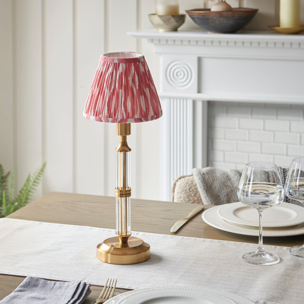 Morton Rechargeable Table Lamp in Brass with 16cm Coral Pink Ikat Shade