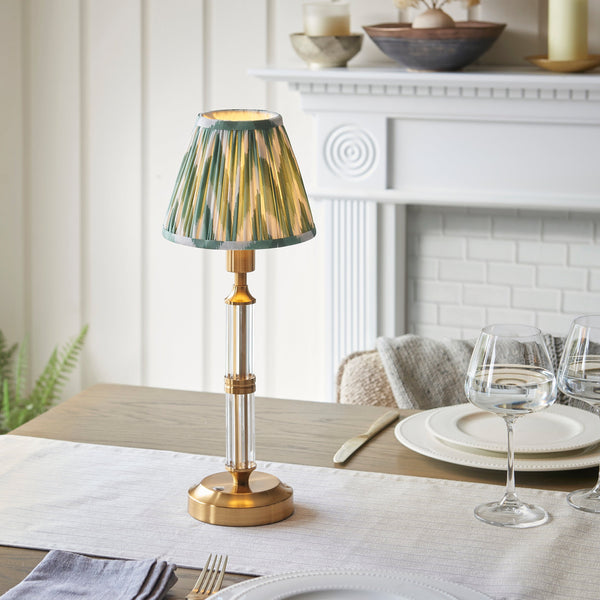 Morton Rechargeable Table Lamp in Brass with 16cm Cotswold Green Zigzag Shade