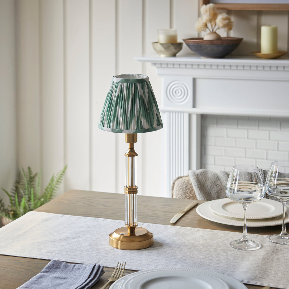 Morton Rechargeable Table Lamp in Brass with 16cm Cotswold Green Zigzag Shade