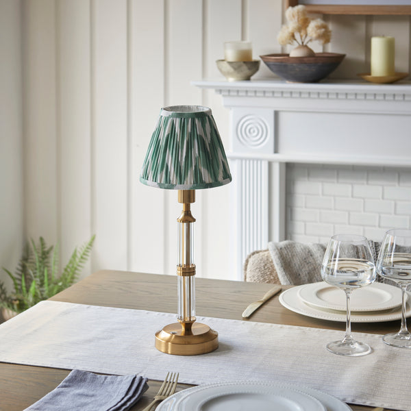 Morton Rechargeable Table Lamp in Brass with 16cm Cotswold Green Zigzag Shade