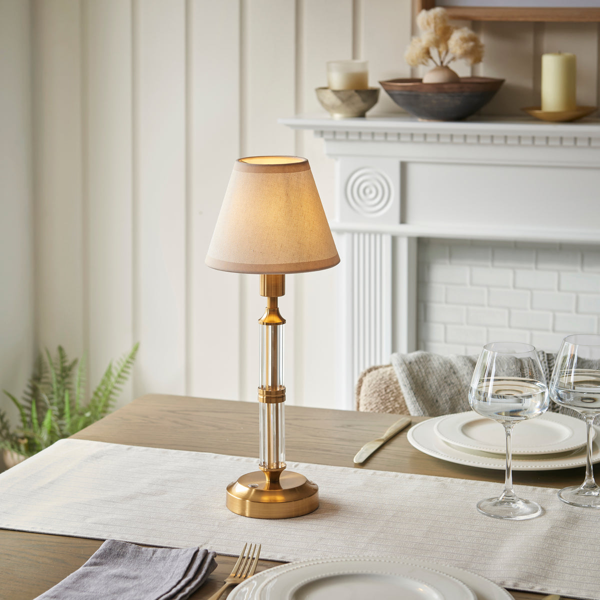 Morton Rechargeable Table Lamp in Brass with 16cm Vintage & Almond White Ivy Shade