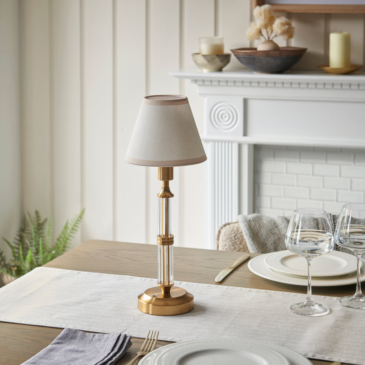 Morton Rechargeable Table Lamp in Brass with 16cm Vintage & Almond White Ivy Shade