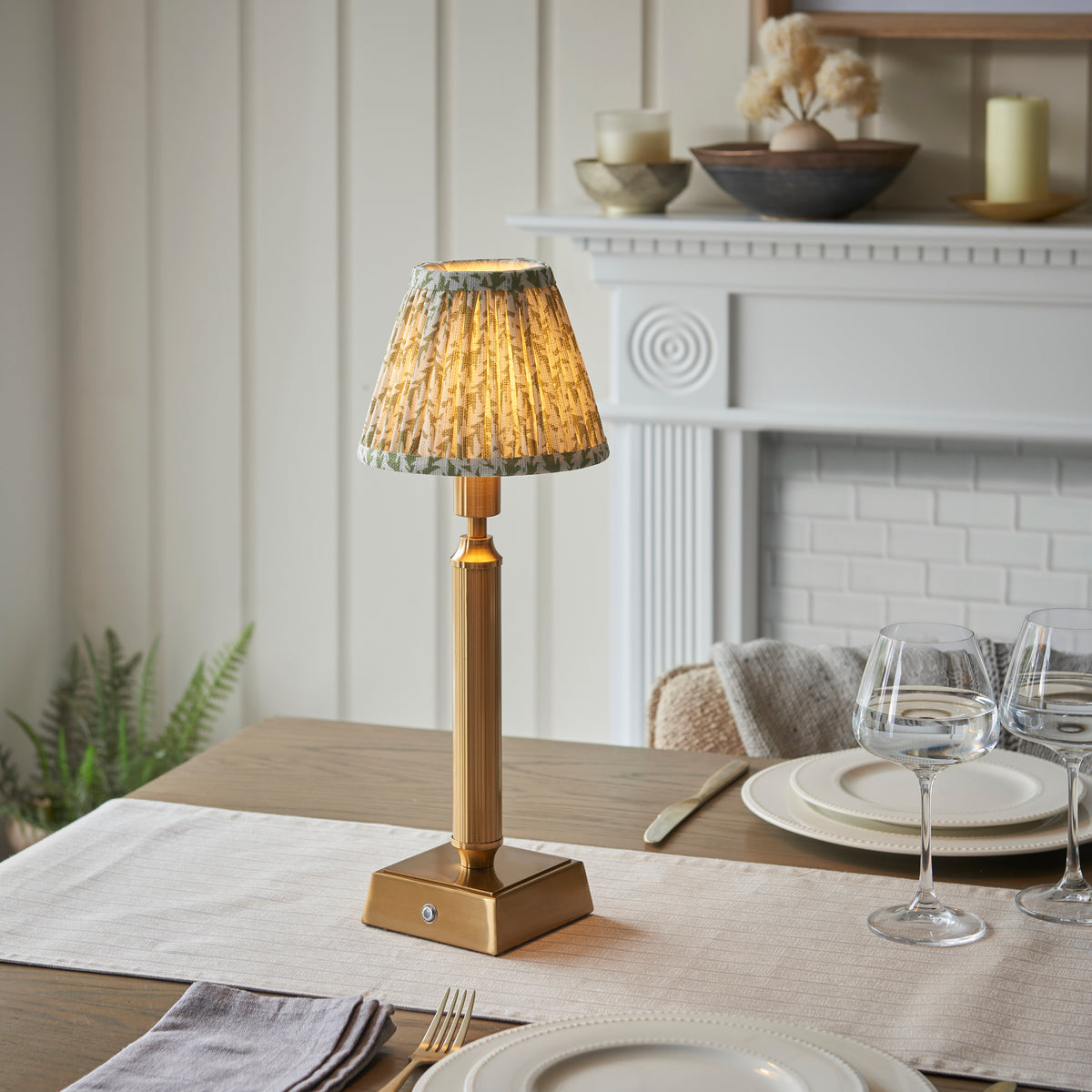 Trobridge Rechargeable Table Lamp in Brass with Herb Green 16cm Leaf Shade