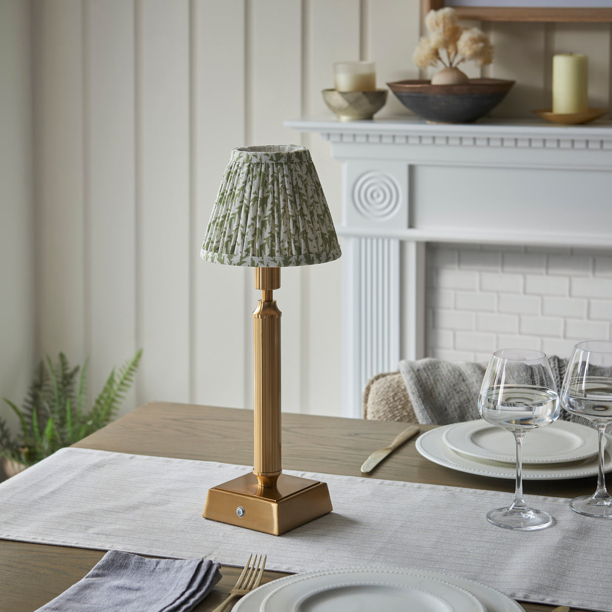 Trobridge Rechargeable Table Lamp in Brass with Herb Green 16cm Leaf Shade